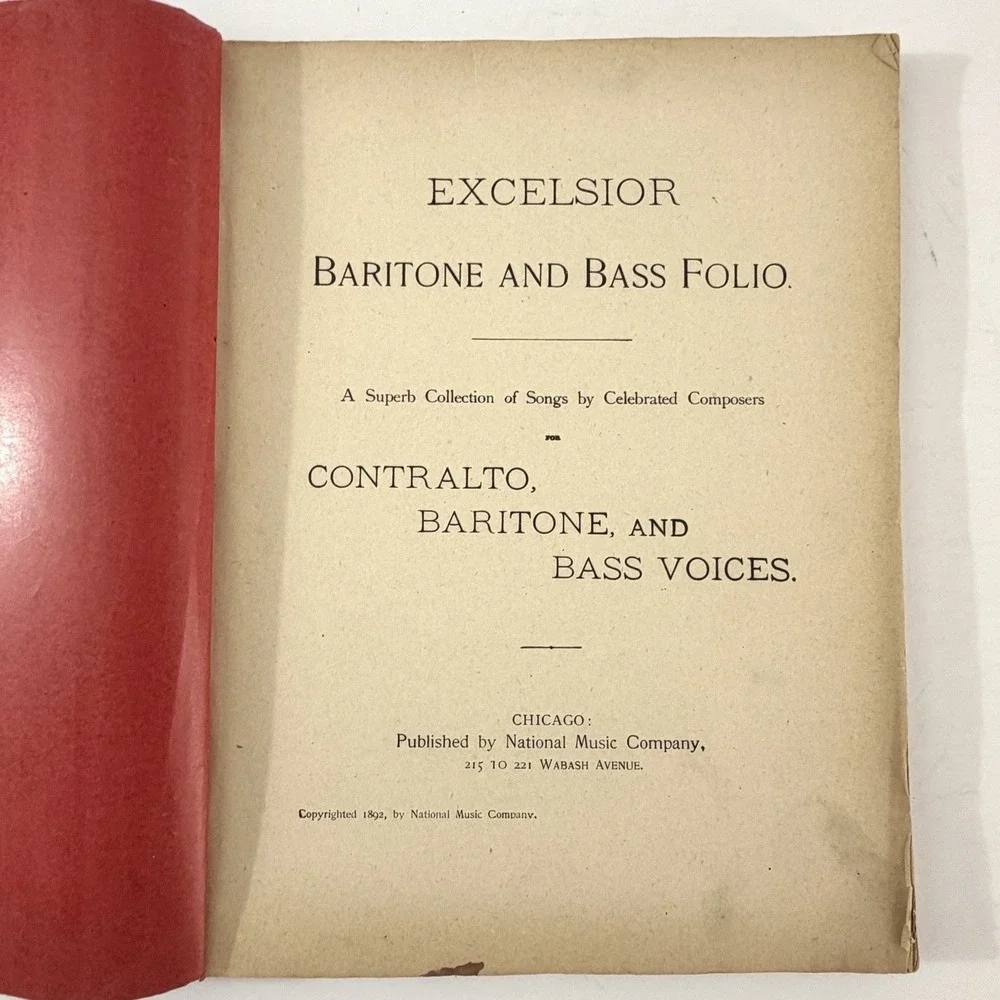 Antique 1892 Excelsior Baritone Bass Folio Sheet Music Book & Song Chicago IL